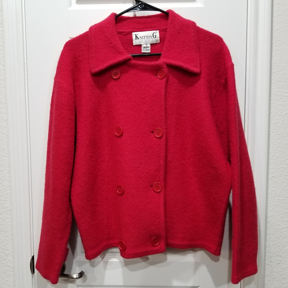 100% Wool Coat Women Red Peacoat, Double-breasted outwear Knitting Needles Sz S